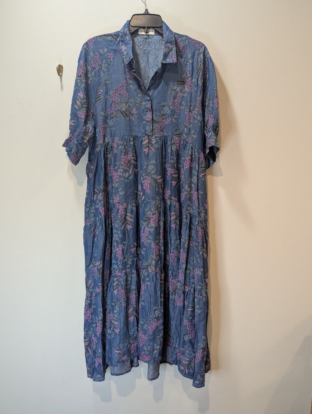 Natural Life Rebecca Wisteria Chambray Floral Tiered Oversized Boho Midi Dress - Picture 3 of 9